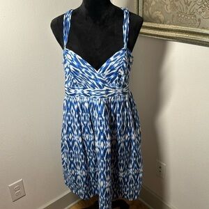 Ann Taylor LOFT blue white Ikat Southwest‎ print cotton silk dress Sz 12